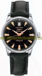 Longines Watches : L1.611.4.52.2 Automatic Black Dial Date Black Leather Men Watch
