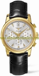 Longines Watches : L1.641.6.72.4 Automatic 18k Polished Yellow Gold Silver Chronograph With Date At 12 And Gold Hands & Hour Markers - Hersalite Crystal Dial Black Crocodile Leather Band Men Watch