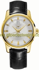 Longines Watches : L1.645.6.75.4 Automatic 18k Yellow Gold Silver With Date At 12 And Gold Hands & Hour Markers Dial Black Crocodile Leather Band Men Watch