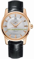 Longines Watches : L1.645.8.75.4 Automatic 18k Rose Gold Silver With Date At 12 And Gold Hands & Hour Markers Dial Black Crocodile Leather Band Men Watch