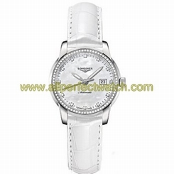 Longines Watches : L2.263.0.87.2 Automatic White Mother Of Pearl Dial Stainless Steel Case With White Leather Strap Women Watch