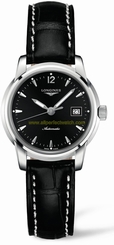 Longines Watches : L2.263.4.52.3 Automatic Black Stainless Steel Case With Black Leather Strap Women Watch