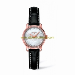 Longines Watches : L2.263.9.87.3 Automatic White Mother Of Pearl Dial 18ct Rose Gold Case With Black Leather Strap Women Watch