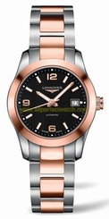 Longines Watches : L2.285.5.56.7 Automatic Black Dial Date 18ct Rose Gold and Stainless Steel Women Watch