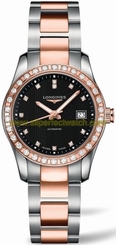 Longines Watches : L2.285.5.57.7 Automatic Black Diamond Dial Date Diamond Bezel Stainless Steel and 18k Rose Gold Women Watch