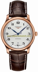 Longines Watches : L2.628.8.78.3 Automatic Polished 18k Rose Gold Silver Textured With Arabic Numerals And Date At 6 Dial Brown Crocodile Leather Band Men Watch