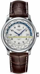 Longines Watches : L2.631.4.70.3 Automatic GMT Polished Steel Silver With Date At 3 Dial Brown Crocodile Leather Band Men Watch