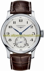 Longines Watches : L2.640.4.78.5 Manual Winding Caliber L512.2 with 17 Jewels Polished Stainless Steel Silver Textured With Arabic Numerals And Seconds Sub- At 6 Dial Brown Crocodile Leather Band Men Watch