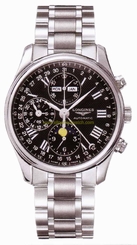 Longines Watches : L2.673.4.51.6 Automatic Brushed And Polished Stainless Steel Black Textured Roman Numeral Chronograph With Day, Date, Month And Moon Phase Features Dial Brushed And Polished Stainless Steel Band Men Watch