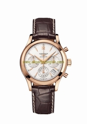 Longines Watches : L2.742.8.76.2 Automatic Silver Dial Date 18ct Rose Gold Bezel Brown Leather Men Watch