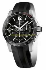 Longines Watches : L2.744.4.56.2 Automatic Brushed And Polished Stainless Steel Black Chronograph With Index Hour Markers Dial Black Rubber Strap Band Men Watch