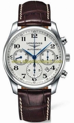 Longines Watches : L2.759.4.78.3 Automatic Brushed And Polished Stainless Steel Silver Textured Roman Numeral Chronograph With Date Between 4 And 5 Dial Brown Crocodile Leather Band Men Watch