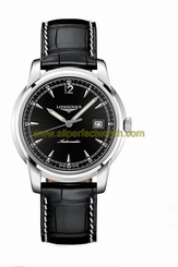 Longines Watches : L2.766.4.59.4 Automatic Black Dial Date Black Leather XL Strap Men Watch