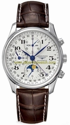 Longines Watches : L2.773.4.78.3 Automatic Brushed And Polished Stainless Steel Silver Textured Roman Numeral Chronograph With Day, Date, Month And Moon Phase Features Dial Brown Crocodile Leather Band Men Watch