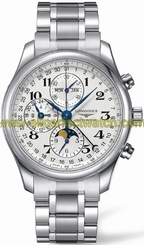 Longines Watches : L2.773.4.78.6 Automatic Brushed And Polished Stainless Steel Silver Textured Roman Numeral Chronograph With Day, Date, Month And Moon Phase Features Dial Brushed And Polished Stainless Steel Band Men Watch