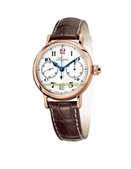 Longines Watches : L2.775.8.23.3 Automatic White Dial Chronograph Date 18ct Rose Gold Bezel Brown Leather Men Watch