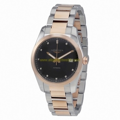 Longines Watches : L2.785.5.58.7 Automatic Black Diamond Dial Stainless Steel and 18k Rose Gold Men Watch