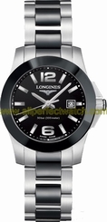 Longines Watches : L3.257.4.56.7 Quartz Black Dial Date Black Ceramic Bezel Stainless Steel and Black Ceramic Women Watch