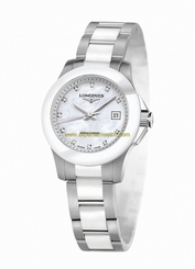 Longines Watches : L3.257.4.87.7 Quartz Mother of Pearl Diamonds Dial Stainless Steel and White Ceramic Women Watch