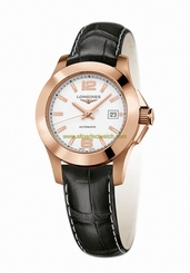 Longines Watches : L3.276.8.16.3 Automatic White Dial 18ct Rose Gold Bezel Black Leather Women Watch