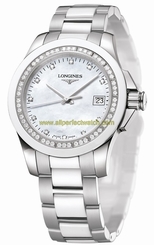 Longines Watches : L3.281.0.87.7 Quartz Mother of Pearl Diamonds Dial Date Stainless Steel and White Ceramic Women Watch