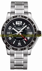 Longines Watches : L3.668.4.56.6 Automatic Black Dial GMT Second Time Zone Date Stainless Steel Men Watch