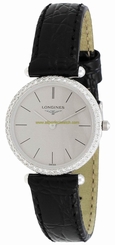Longines Watches : L4.191.7.72.2 Quartz Analog Diamond Bezel 18k White Gold Case Black Leather Women Watch