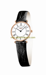 Longines Watches : L4.191.8.11.0 Quartz White Dial Roman Numerals 18ct Rose Gold Bezel Black Leather Women Watch
