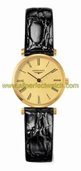 Longines Watches : L4.209.2.31.2 Quartz Gold Dial Roman Numerals PVD Gold Coating Bezel Black Leather Women Watch