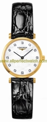 Longines Watches : L4.209.2.87.2 Quartz Yellow Gold Plated Pvd White Mother Of Pearl With Diamond Markers Dial Black Crocodile Leather Band Women Watch