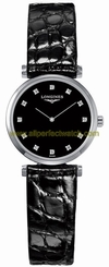 Longines Watches : L4.209.4.58.2 Quartz Black Diamond Dial Black Leather Women Watch