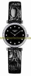 Longines Watches : L4.241.0.58.2 Quartz Black Diamond Dial Diamond Bezel Black Leather Women Watch