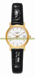 Longines Watches : L4.279.6.12.0 Quartz White Dial Date 18ct Gold Black Leather Women Watch