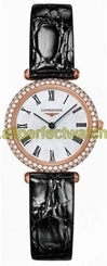 Longines Watches : L4.307.9.81.0 Quartz Mother of Pearl Dial 18ct Rose Gold Diamond Bezel Black Alligator Strap Women Watch