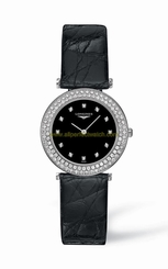 Longines Watches : L4.308.0.57.2 Quartz Diamond Dial Diamond Bezel Black Alligator Strap Women Watch