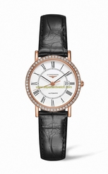 Longines Watches : L4.378.9.11.0 Automatic Roman Numerald Dial Diamond Bezel 18l Rose Gold Case Black Leather Women Watch