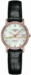 Longines Watches : L4.378.9.87.0 Automatic Mother of Pearl Diamond Dial 18ct Rose Gold Diamond Case Black Alligator Strap Women Watch