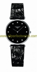 Longines Watches : L4.512.4.58.2 Quartz Black Diamonds Dial Black Leather Women Watch