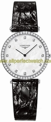 Longines Watches : L4.513.0.87.2 Quartz Mother of Pearl Diamond Dial Diamonds Bezel Black Leather Women Watch
