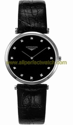 Longines Watches : L4.709.4.58.2 Quartz Black Diamond Dial Black Leather Men Watch