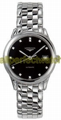 Longines Watches : L4.774.4.57.6 Automatic Polished Stainless Steel Black With Diamonds And Date At 3 Dial Polished Stainless Steel Band Men Watch