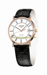 Longines Watches : L4.778.8.11.0 Automatic White Dial Roman Numerals Date 18ct Rose Gold Bezel Black Leather Men Watch