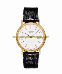 Longines Watches : L4.790.2.12.2 Quartz White Dial Date PVD Gold Coating Bezel Black Leather Men Watch