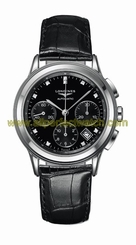 Longines Watches : L4.803.4.57.2 Automatic Black Diamond Dial Chronograph Black Leather Men Watch