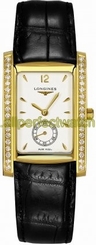 Longines Watches : L5.655.7.16.0 Quartz White Dial Small Second 18ct Gold Diamonds Bezel Black Leather Men Watch