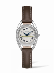 Longines Watches : L6.136.0.71.2 Quartz Roman Numerals Dial Diamond Bezel Brown Leather Women Watch