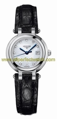 Longines Watches : L8.110.4.87.2 Quartz Mother of Pearl Diamonds Dial Date Black Leather Women Watch