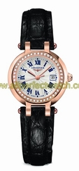 Longines Watches : L8.110.9.78.2 Quartz Silver Roman Numerals Dial 18ct Rose Gold Diamonds Bezel Black Leather Women Watch