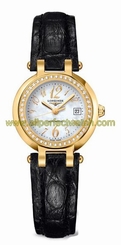Longines Watches : L8.111.7.83.2 Automatic Mother of Pearl Dial Diamond 18ct Gold Bezel Black Leather Women Watch