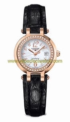 Longines Watches : L8.111.9.83.2 Automatic Mother of Pearl Date Dial Diamond 18ct Rose Gold Black Leather Women Watch